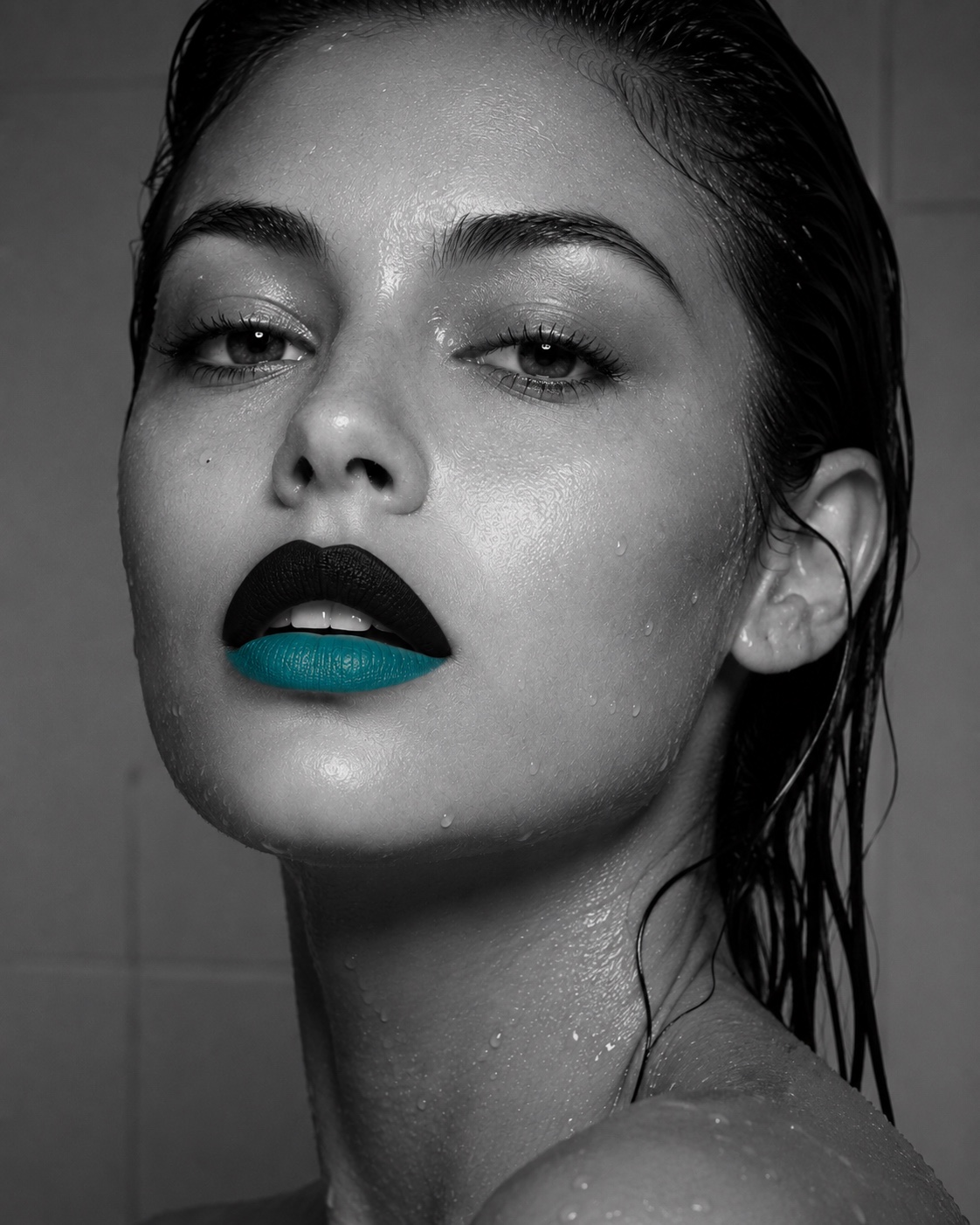 Editorial black, white, and teal Evolutions MedSpa portrait